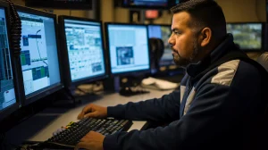 A man sitting at a desk with multiple monitors, behind the scenes of a Western State Freight Dispatcher at Teocal Transport.